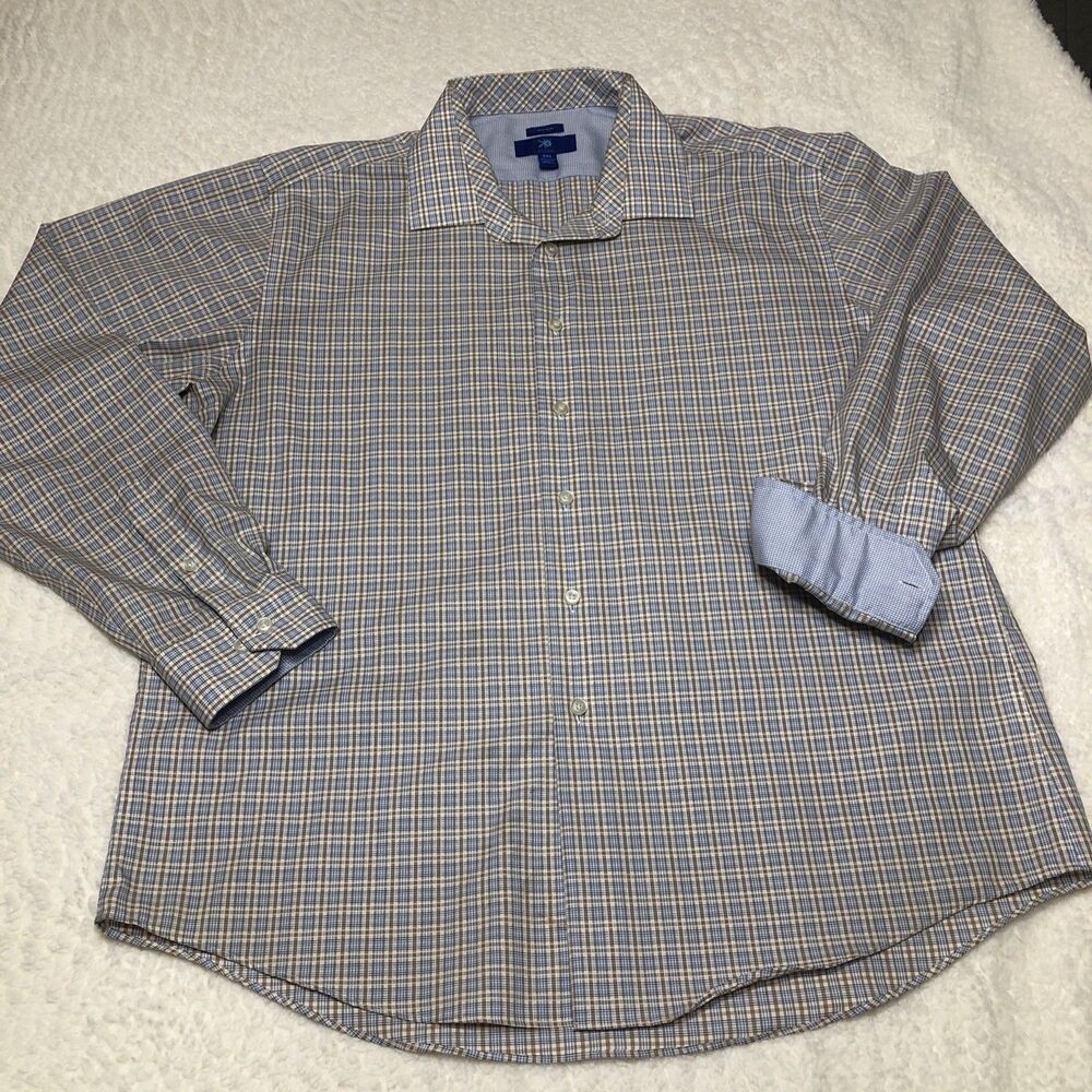 Egara Mens Dress Shirt Blue Plaid Contrast Cuff  Non Iron XXL 100% Cotton